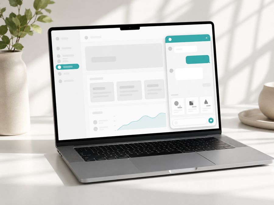 A light website with the chat agent open, service cards inside the chat