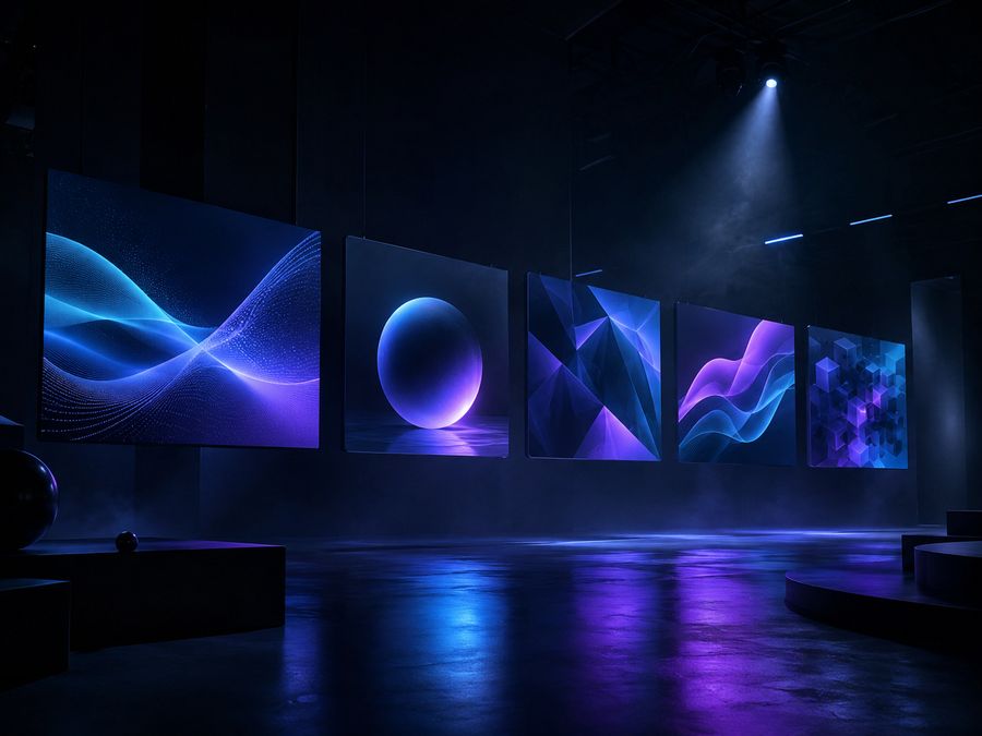 Film production still: a row of motion-graphic frames in a dark studio
