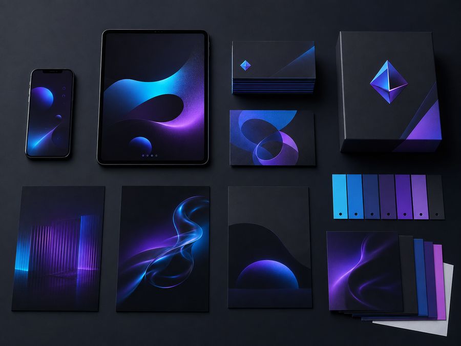 A month of design deliverables laid out: phone, tablet, cards, packaging and swatches