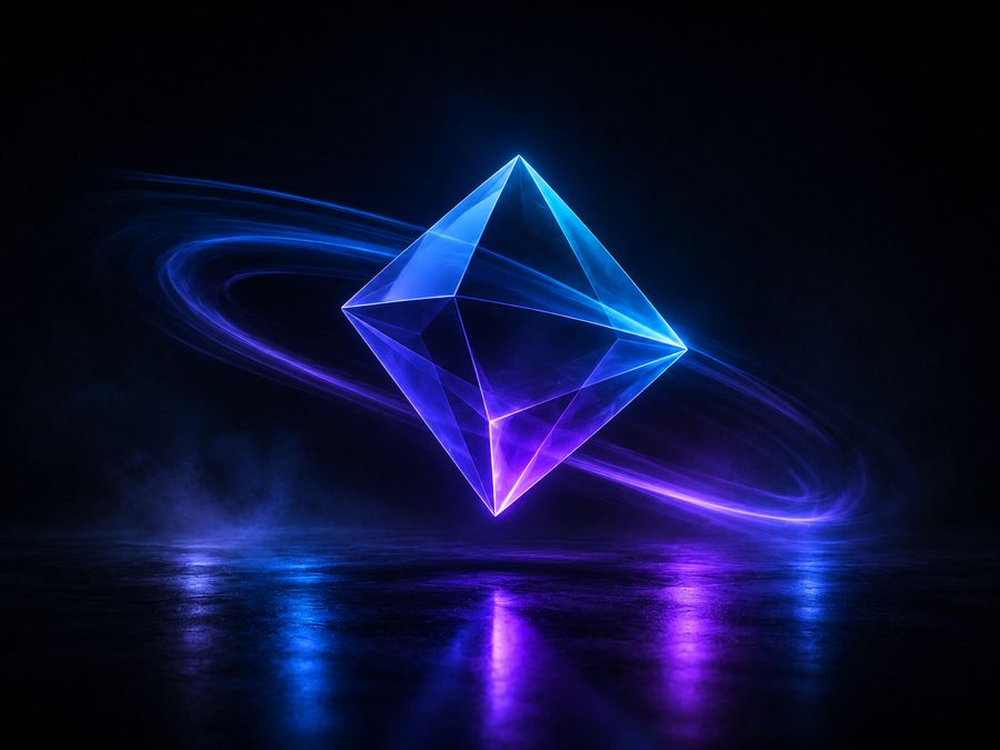 A three-dimensional logo mark spinning with light trails