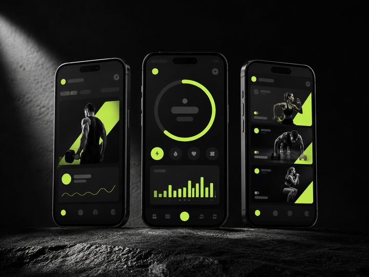 A training app interface across three phone screens